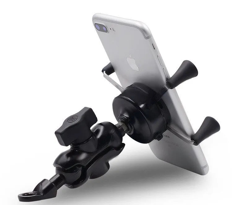 Black aluminium alloy motorcycle phone bracket mounted on a bike handlebar, holding a mobile phone.