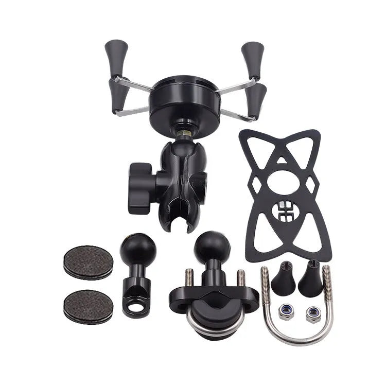 Black aluminium alloy motorcycle phone bracket mounted on a bike handlebar, holding a mobile phone.