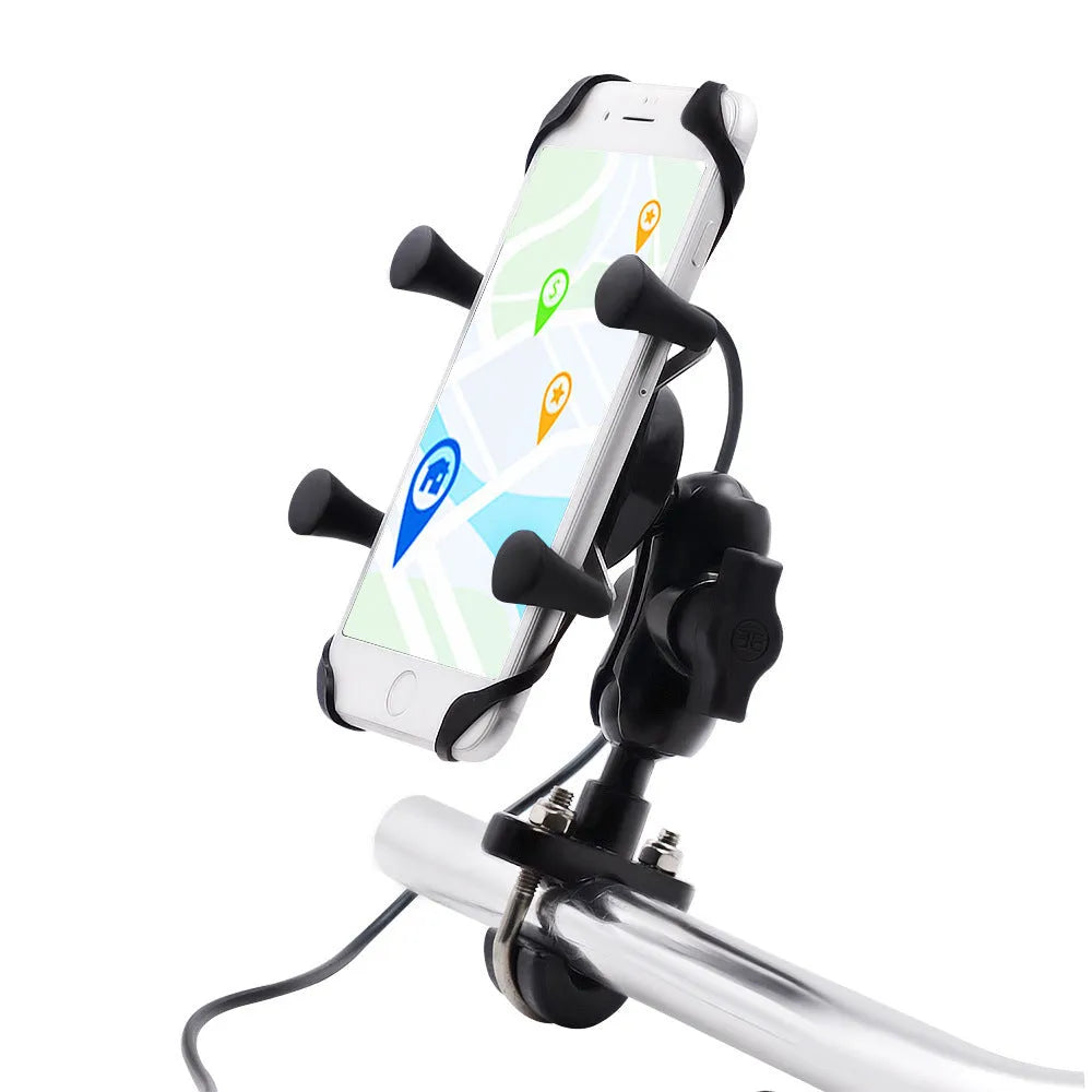 Black aluminium alloy motorcycle phone bracket mounted on a bike handlebar, holding a mobile phone.