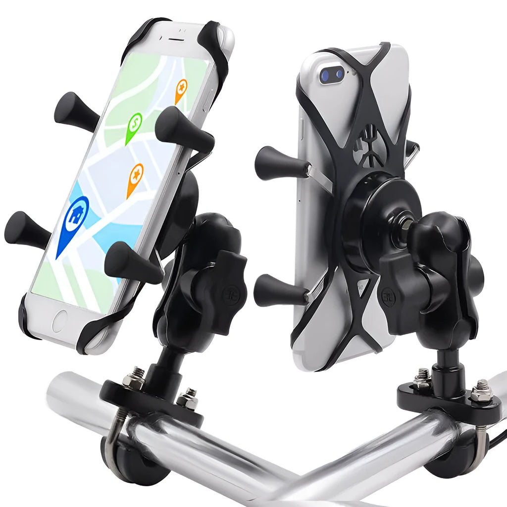Black aluminium alloy motorcycle phone bracket mounted on a bike handlebar, holding a mobile phone.