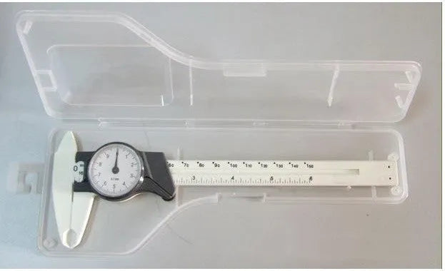Black and white plastic vernier caliper showing 0-150mm measurement range with straightedge design