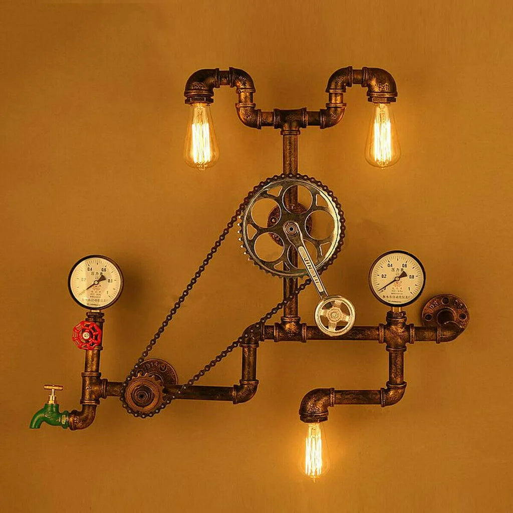 Steampunk 3/4 inch red industrial light switch valve with gray copper tee fitting and wire connections