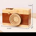 Camera-shaped pine wood music box with rotating sanding box mechanism on a white background.