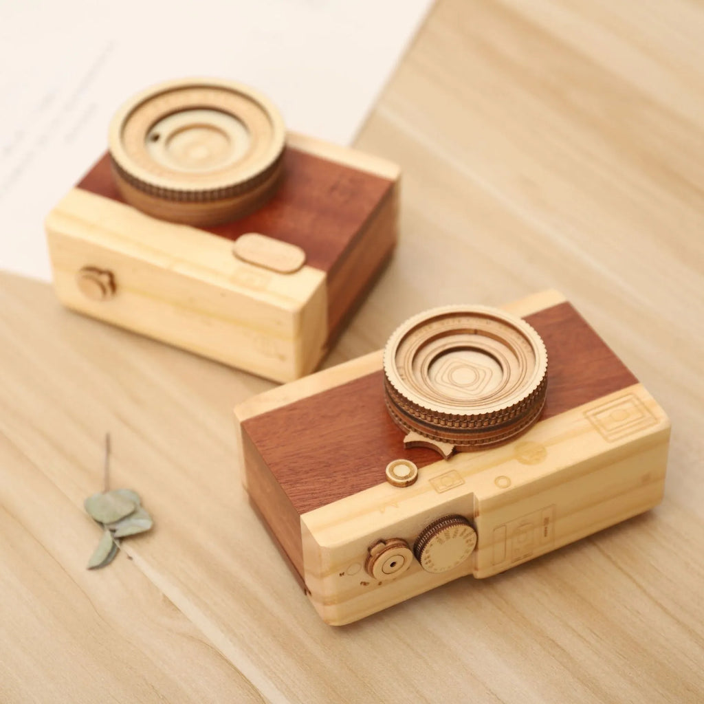 Camera-shaped pine wood music box with rotating sanding box mechanism on a white background.