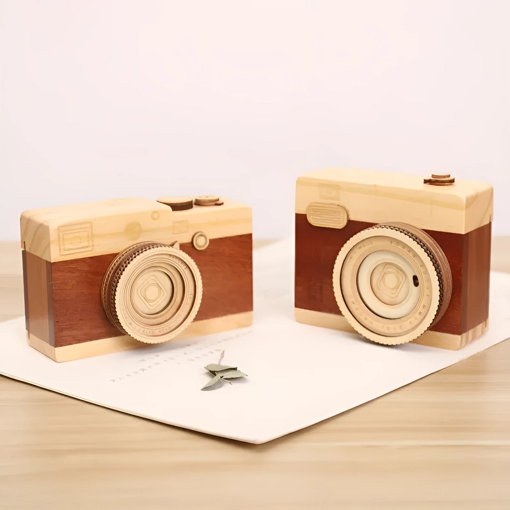 Camera-shaped pine wood music box with rotating sanding box mechanism on a white background.