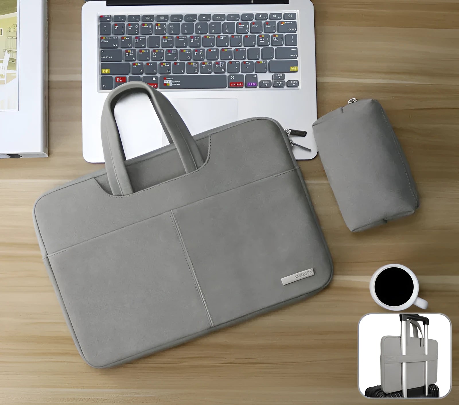 Blue universal laptop sleeve open to show internal organiser pockets for computer, phone, and ID cards