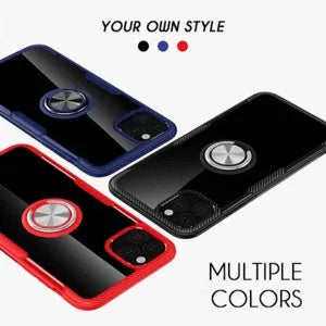 Black iPhone case with a built-in car holder arm on the back, shown next to a phone