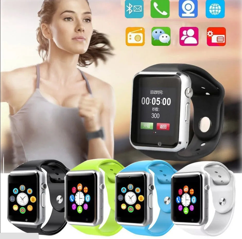A1 Smart Watch with 1.54-inch colour touchscreen in multiple colour options showing GSM SIM and camera functionality