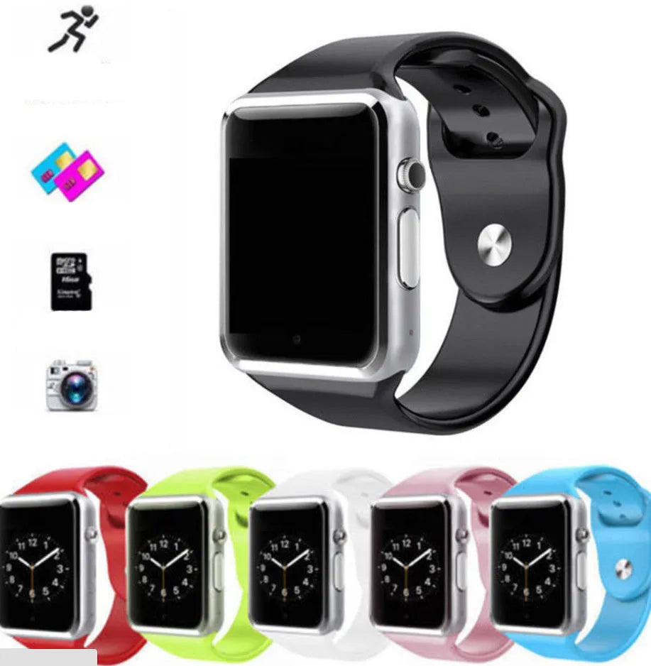 A1 Smart Watch with 1.54-inch colour touchscreen in multiple colour options showing GSM SIM and camera functionality