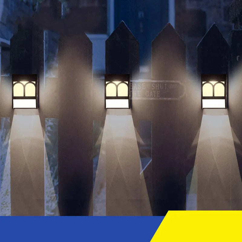 Solar-powered outdoor wall lamp with IP67 waterproof rating for garden and courtyard lighting