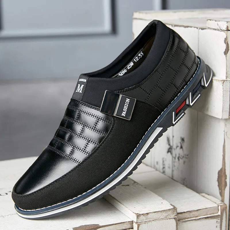 Men's large size blue casual leather shoes with low-cut design on a white background.