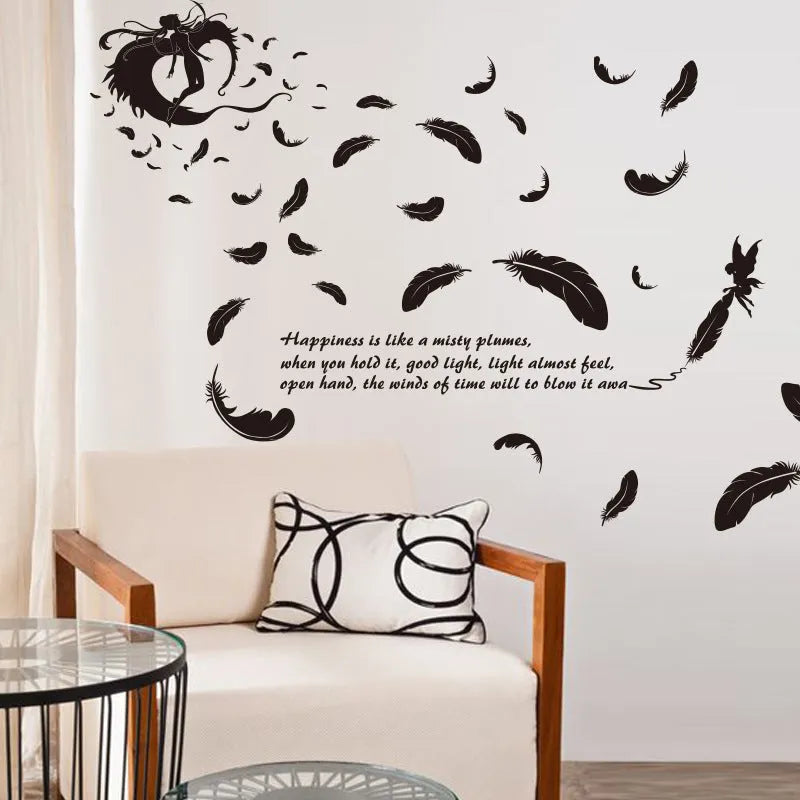 Black feather angel three generations wall sticker measuring 50cm by 70cm for bedroom decoration