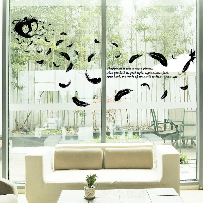 Black feather angel three generations wall sticker measuring 50cm by 70cm for bedroom decoration