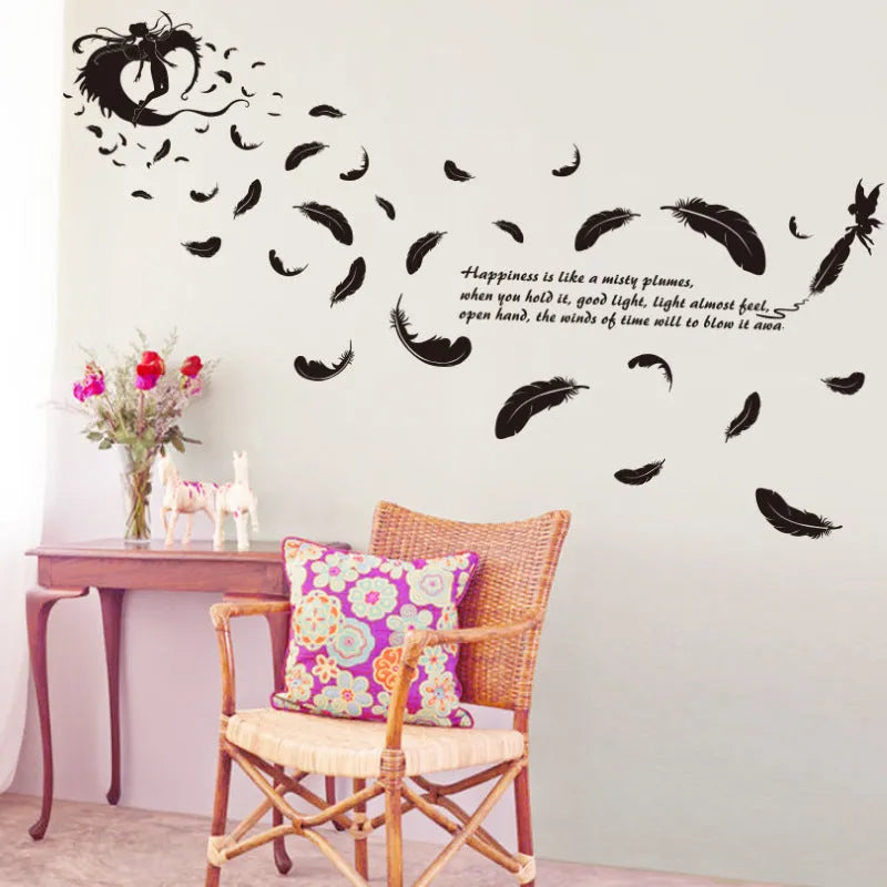 Black feather angel three generations wall sticker measuring 50cm by 70cm for bedroom decoration