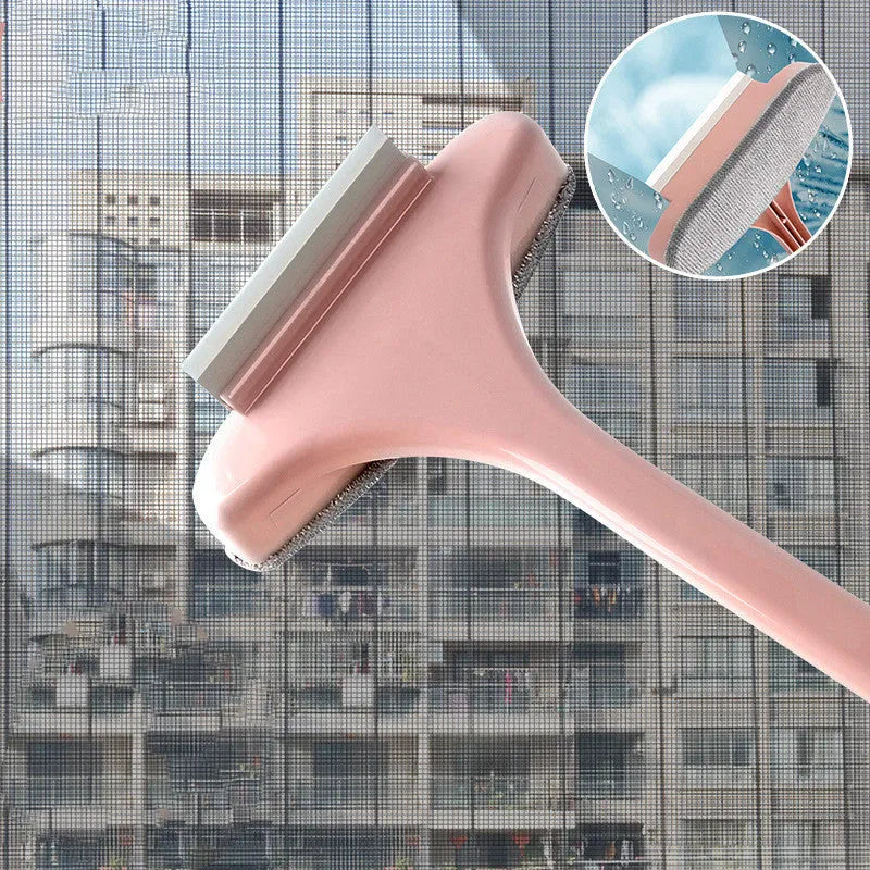 Pink adjustable telescopic window cleaning brush with a sassafras head and a crevice brush attachment on a white background