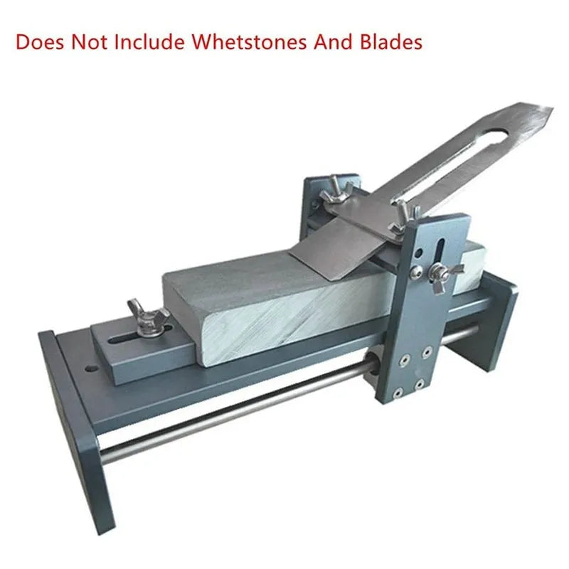 Aluminium alloy gantry fixed angle sharpening tool for woodworking chisels and planers on a workbench.