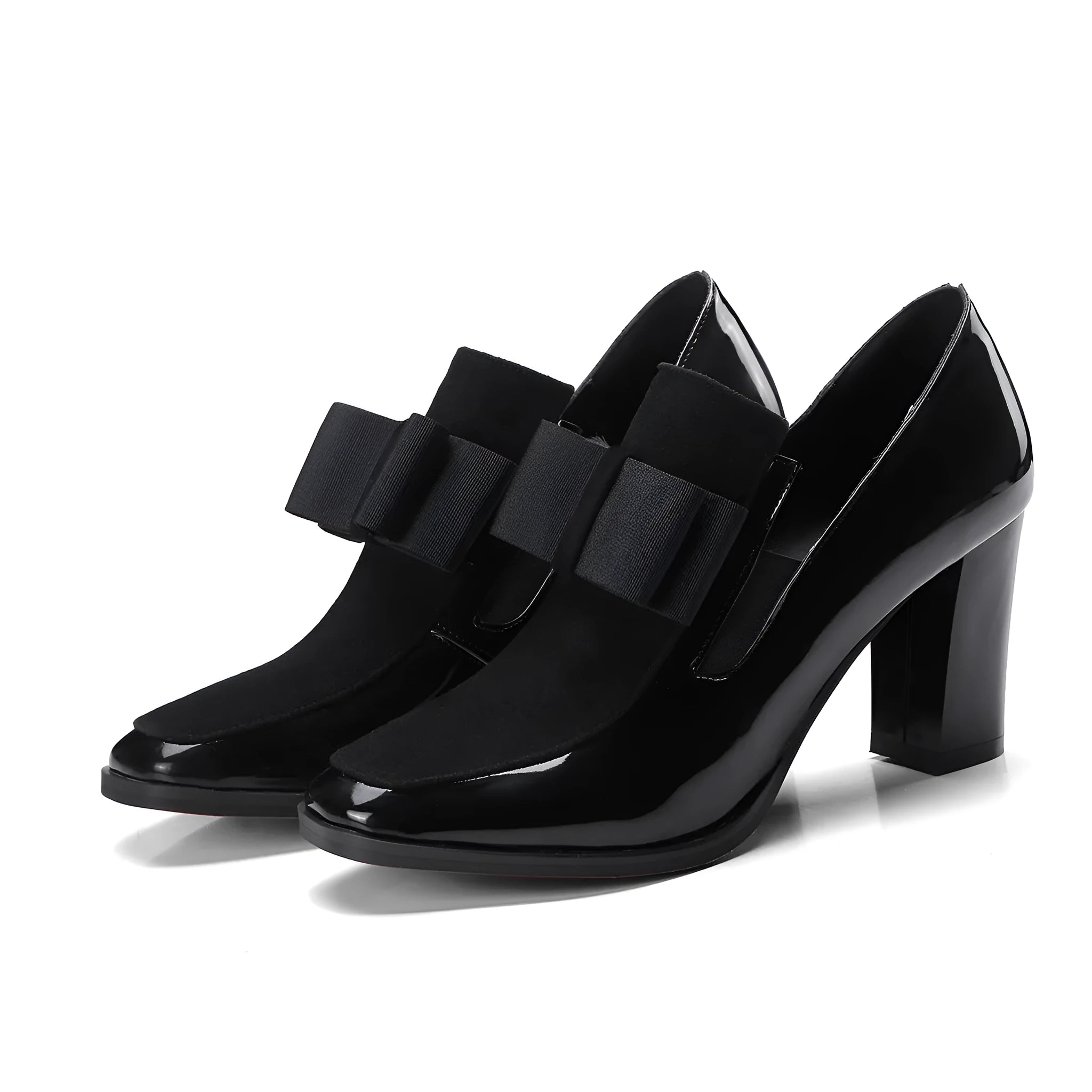Black patent leather women's high heels with a thick square heel and square toe on a rubber sole.