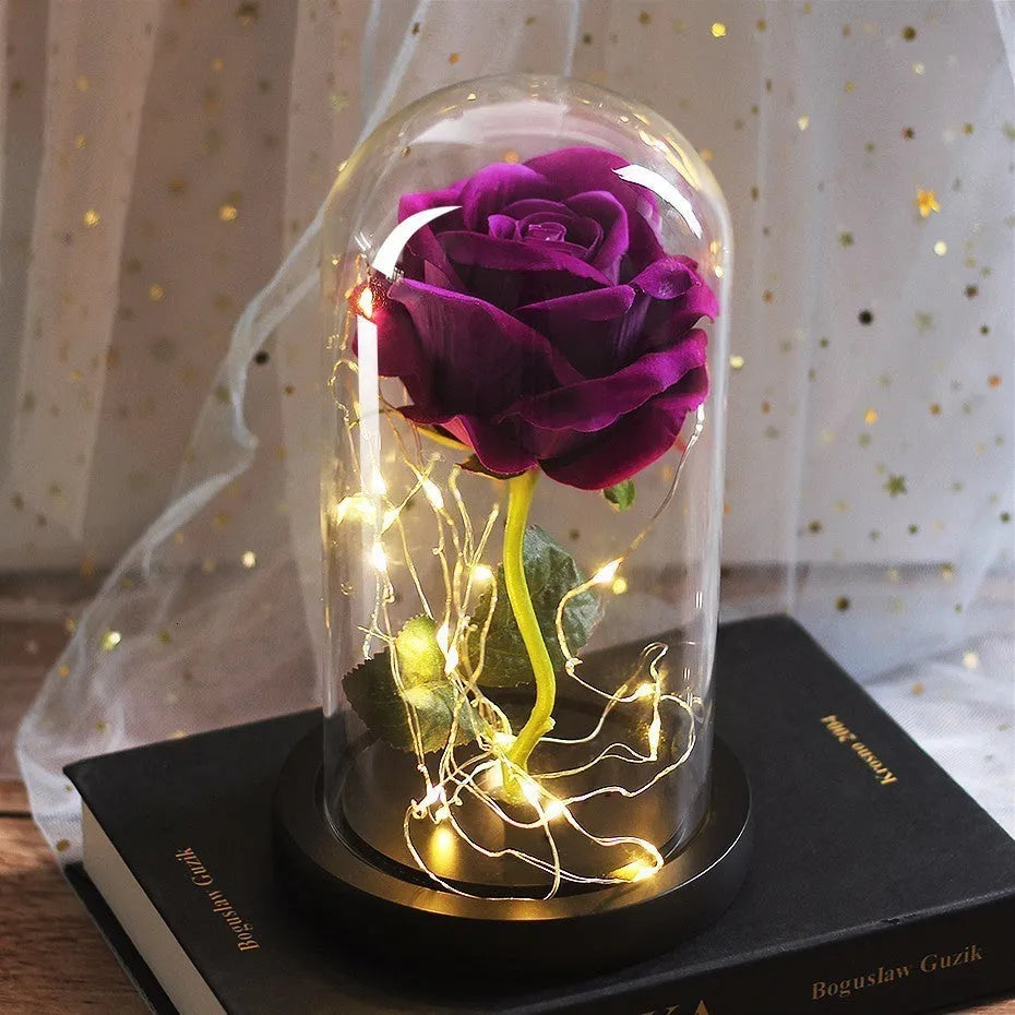 Immortal simulation rose glass cover LED ornament with silk flower bouquet and warm white lighting