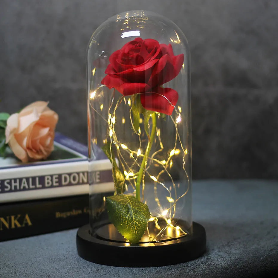 Immortal simulation rose glass cover LED ornament with silk flower bouquet and warm white lighting