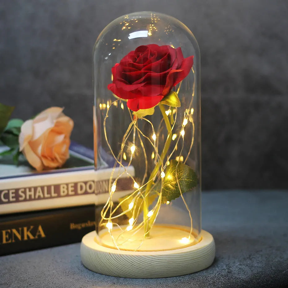 Immortal simulation rose glass cover LED ornament with silk flower bouquet and warm white lighting