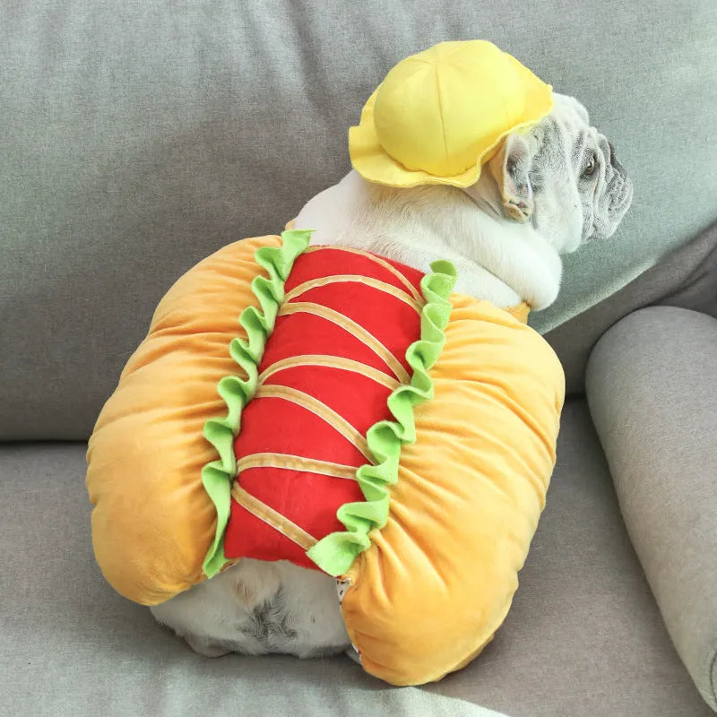 Yellow dog hot dog crossdress outfit, cotton synthetic fibre, one size, neck 57cm, length 27cm