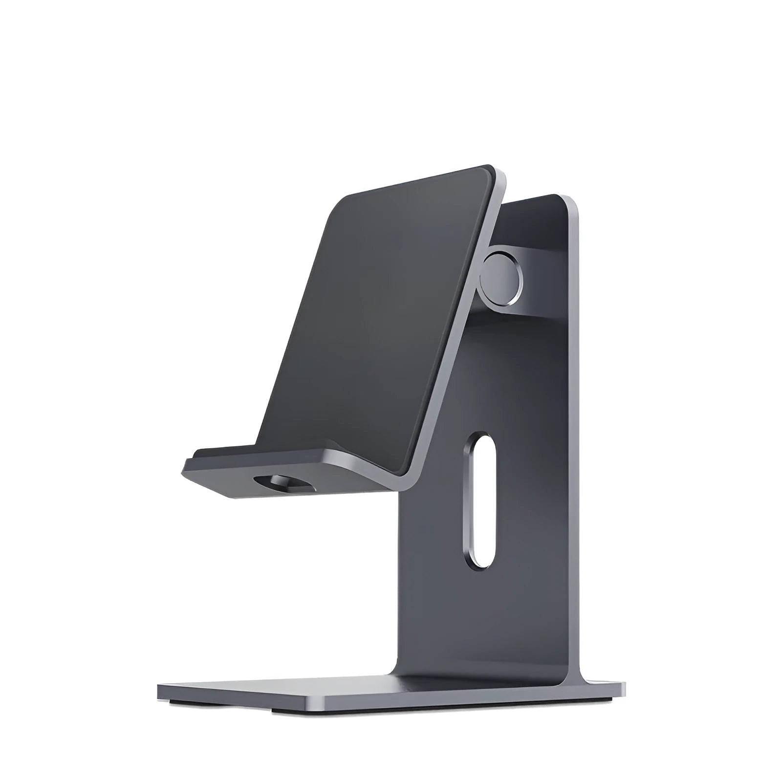 Alloy desktop mobile phone holder bracket in dark space grey colour on wooden desk