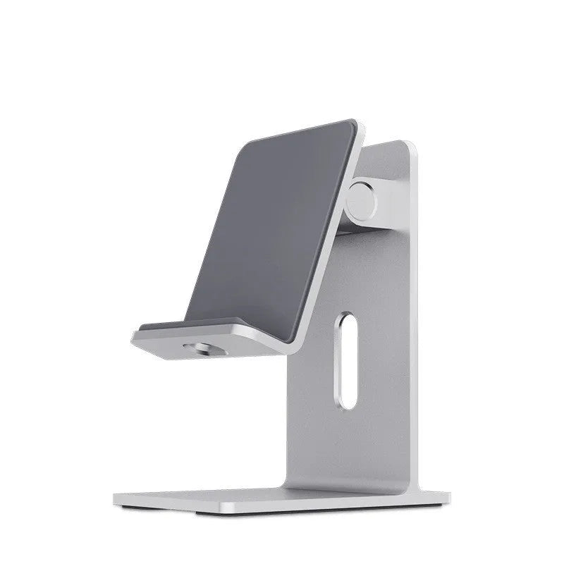 Alloy desktop mobile phone holder bracket in dark space grey colour on wooden desk