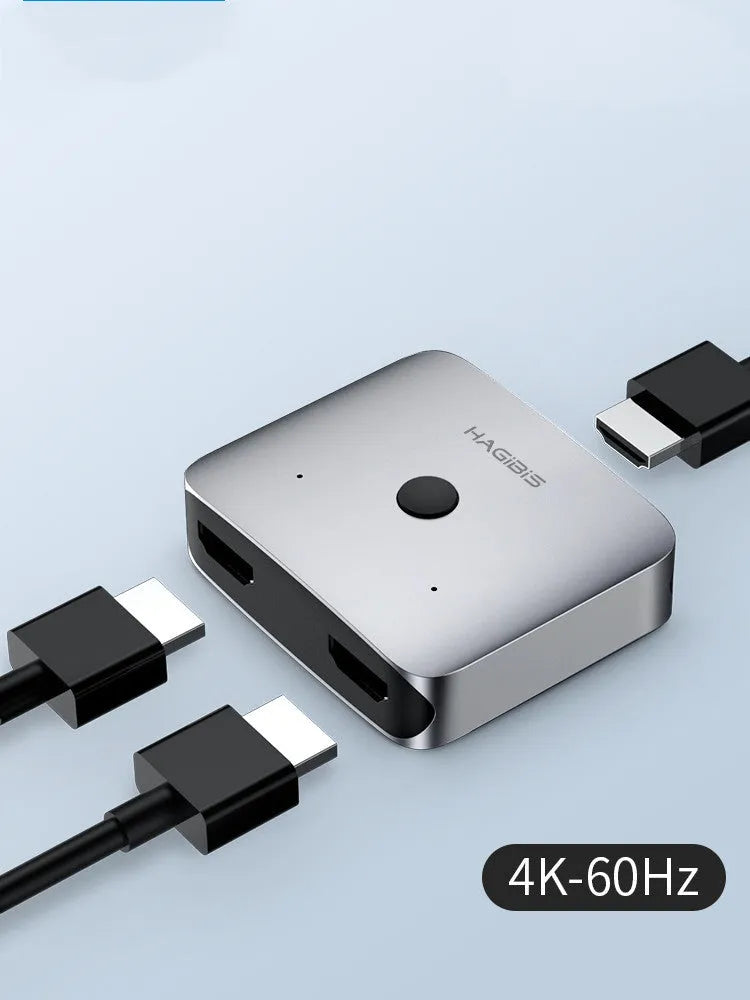 Grey Haibeisi HDMI one input two output splitter switcher device for 4K monitors and TVs.