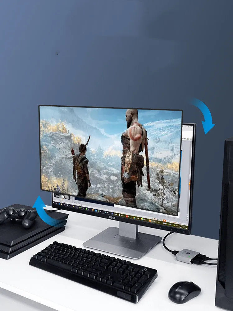 Grey Haibeisi HDMI one input two output splitter switcher device for 4K monitors and TVs.