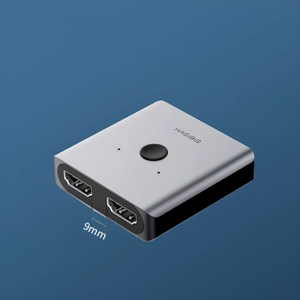 Grey Haibeisi HDMI one input two output splitter switcher device for 4K monitors and TVs.