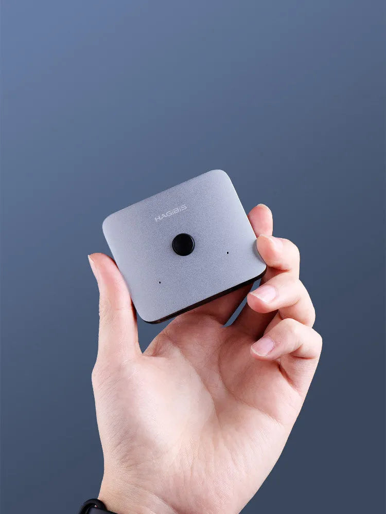 Grey Haibeisi HDMI one input two output splitter switcher device for 4K monitors and TVs.
