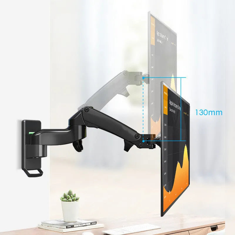 Black wall-mounted adjustable monitor stand extended from the wall, showing VESA plate.