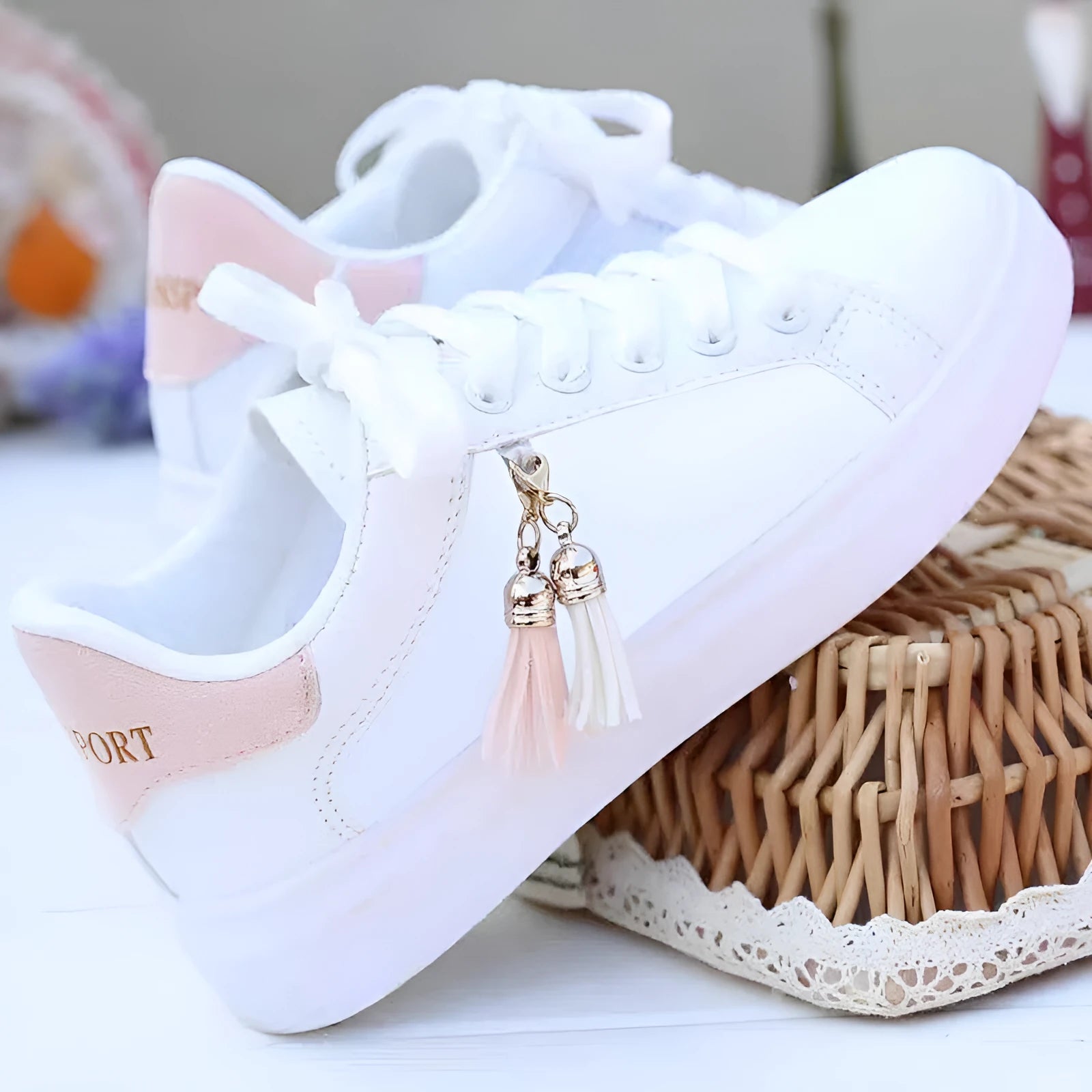 White mesh women's casual flats with a 4cm rubber heel, shown in pink and black colour options.