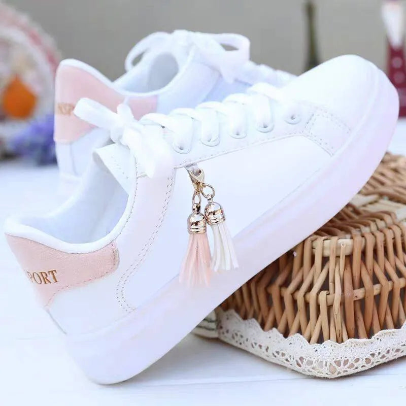 White mesh women's casual flats with a 4cm rubber heel, shown in pink and black colour options.