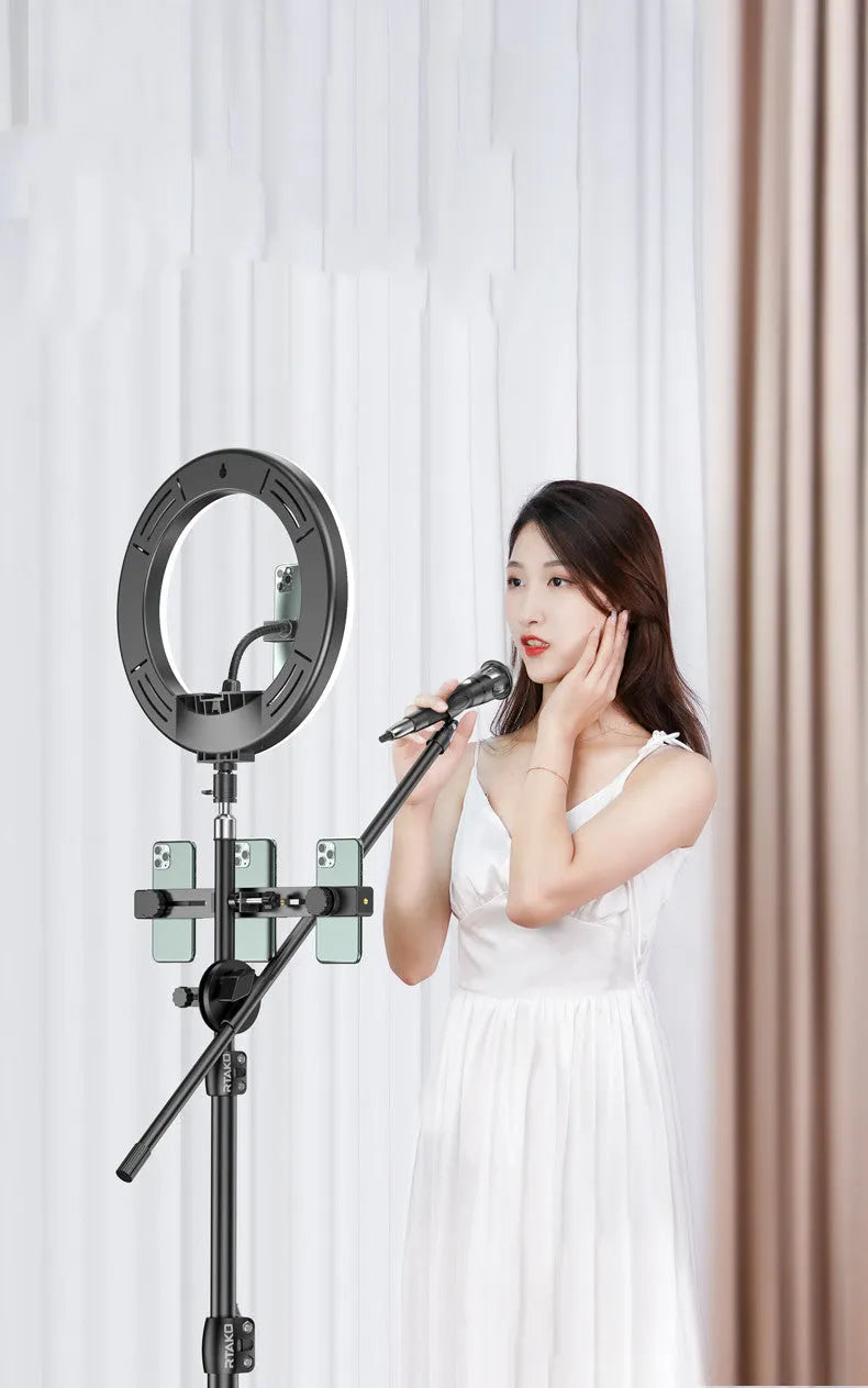 Carbon steel mobile phone tripod with ring light in three height options for iPhone streaming