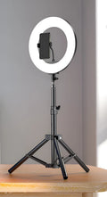 Carbon steel mobile phone tripod with ring light in three height options for iPhone streaming
