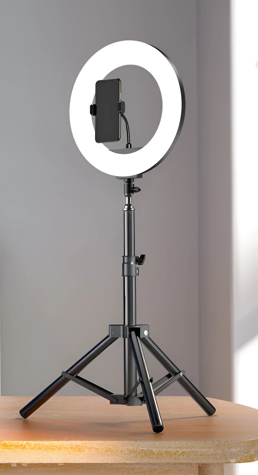 Carbon steel mobile phone tripod with ring light in three height options for iPhone streaming