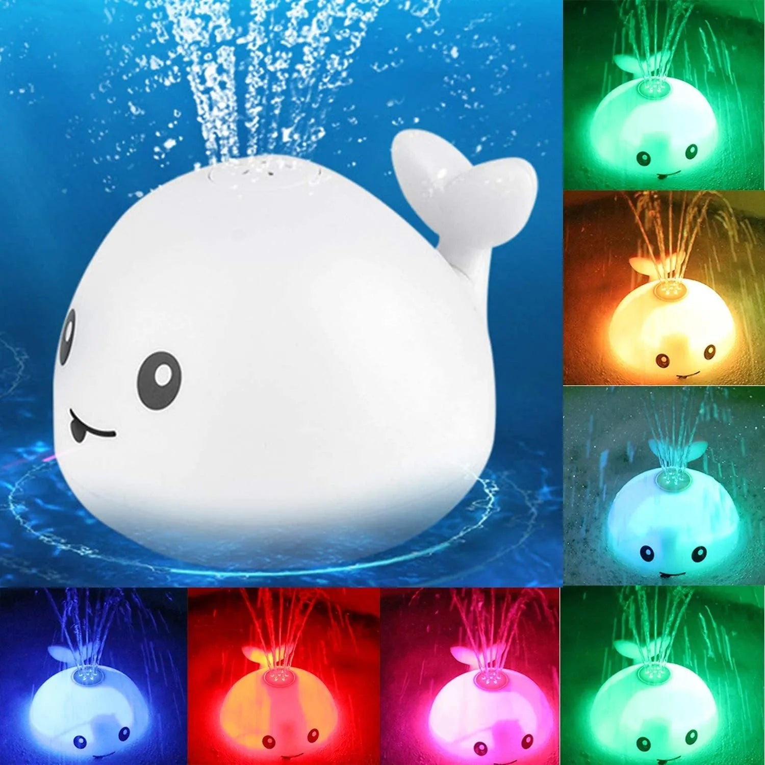 Electric whale bath toy spraying water with flashing LED lights in baby bath