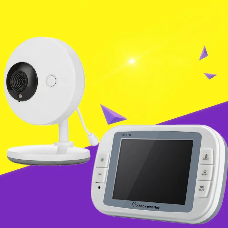 White 3.5 inch digital wireless baby monitor with UFO-style camera on a table.