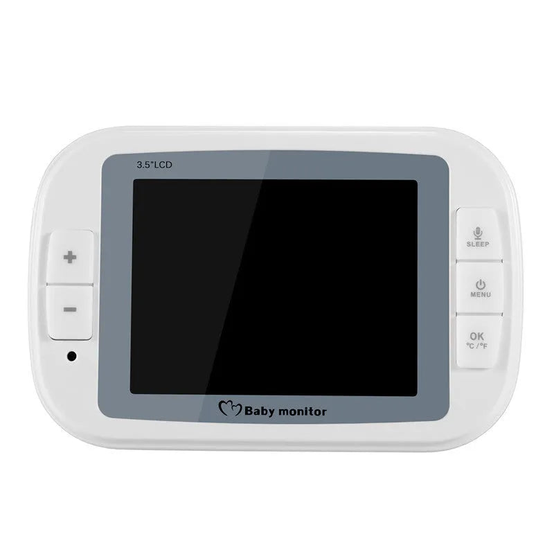 White 3.5 inch digital wireless baby monitor with UFO-style camera on a table.