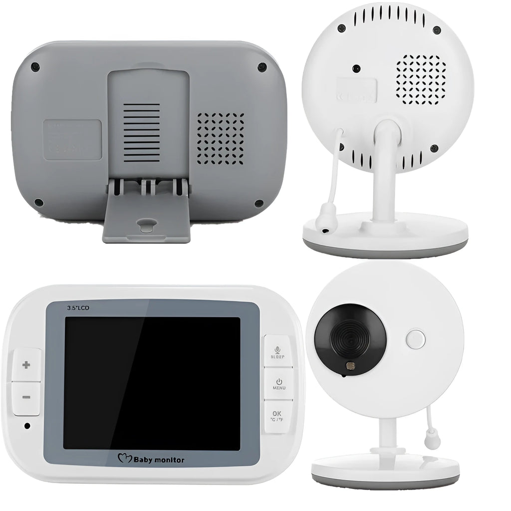 White 3.5 inch digital wireless baby monitor with UFO-style camera on a table.