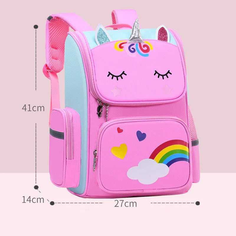 Royal blue polyester school bag for primary school children, shown next to a pink version.