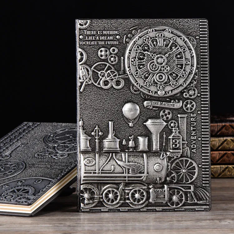 European relief retro notepad diary with embossed cover in bronze and silver colours showing 21.5x14.5cm size