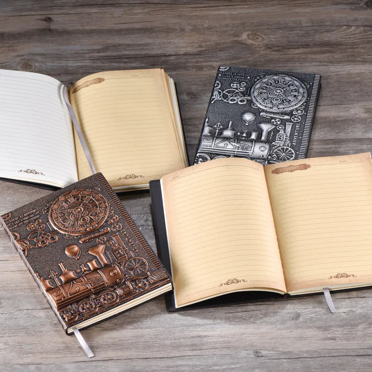 European relief retro notepad diary with embossed cover in bronze and silver colours showing 21.5x14.5cm size