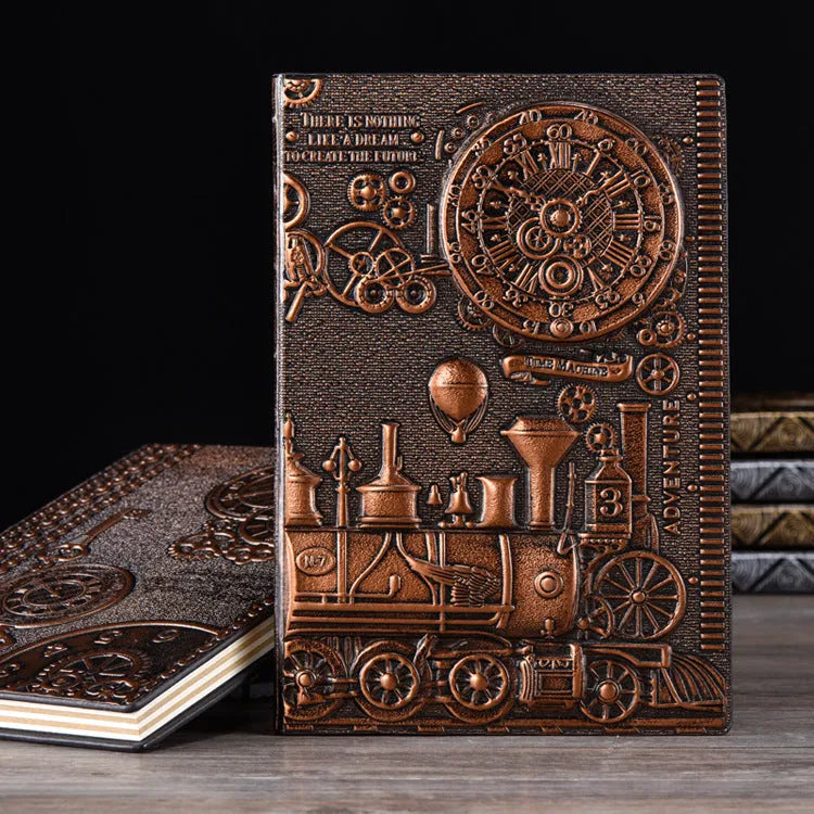 European relief retro notepad diary with embossed cover in bronze and silver colours showing 21.5x14.5cm size
