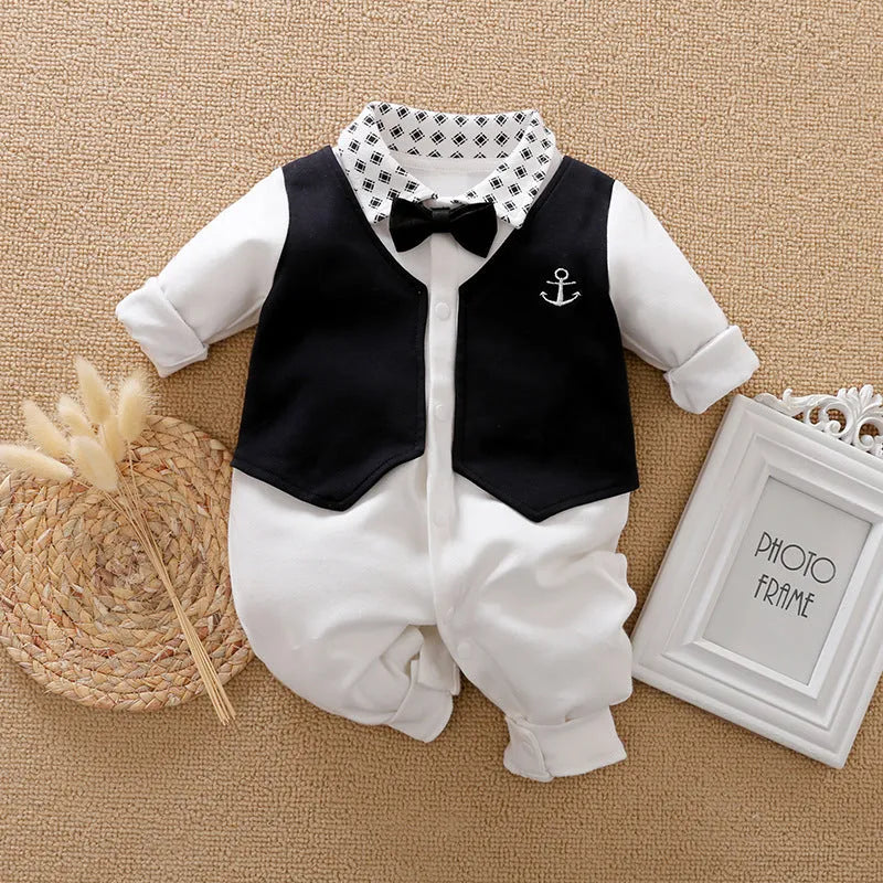 Cotton baby jumpsuit in multiple styles including navy blue gentleman design and grey vest option