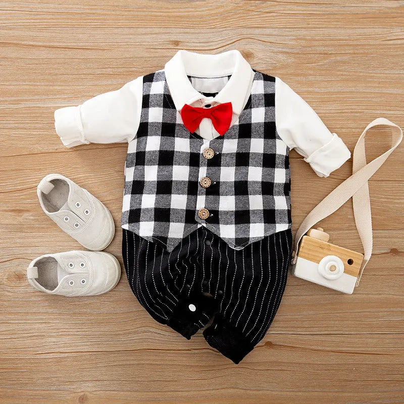 Cotton baby jumpsuit in multiple styles including navy blue gentleman design and grey vest option