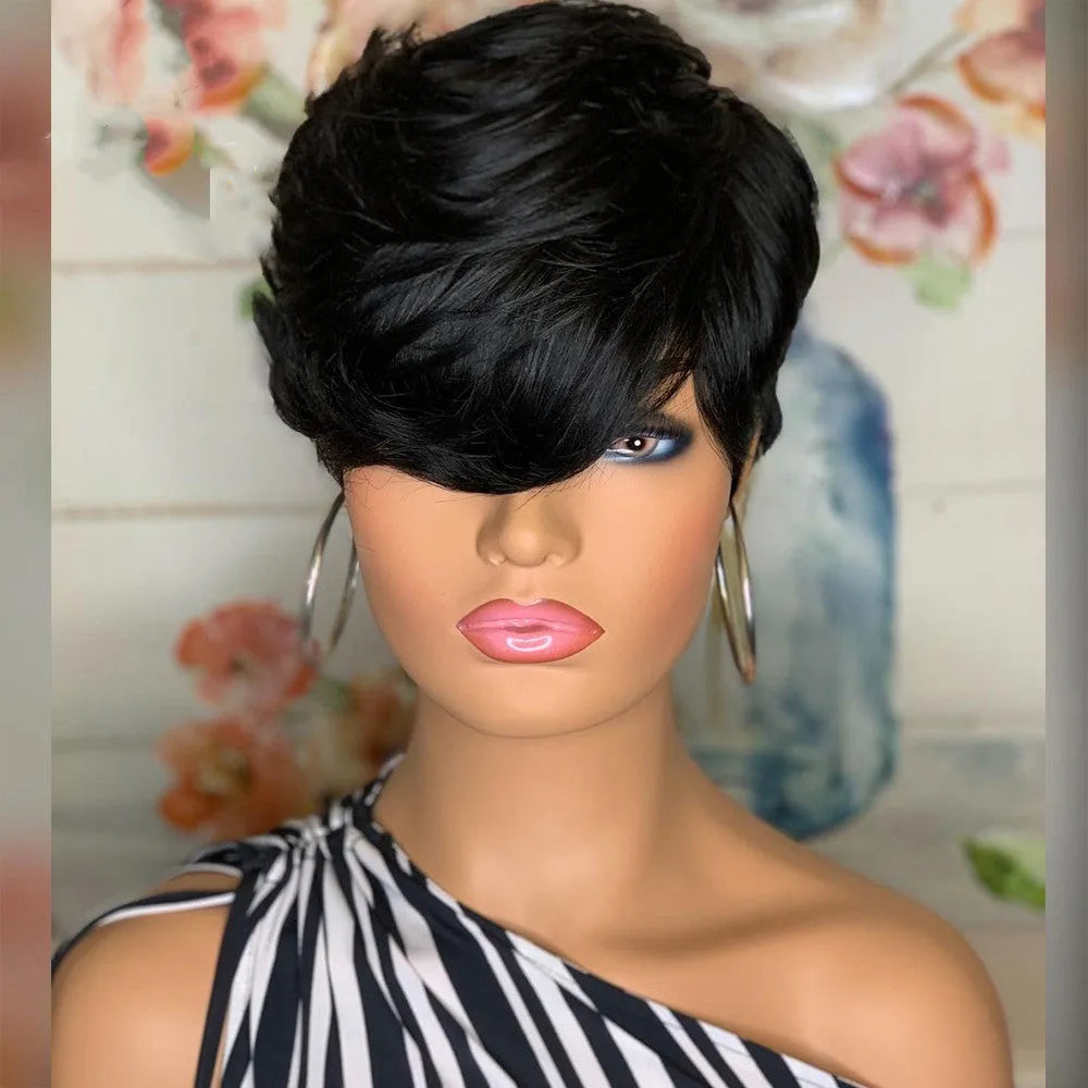 Short black synthetic wig with oblique bangs and fluffy straight finish, heat-resistant fibre, one wig in pack.