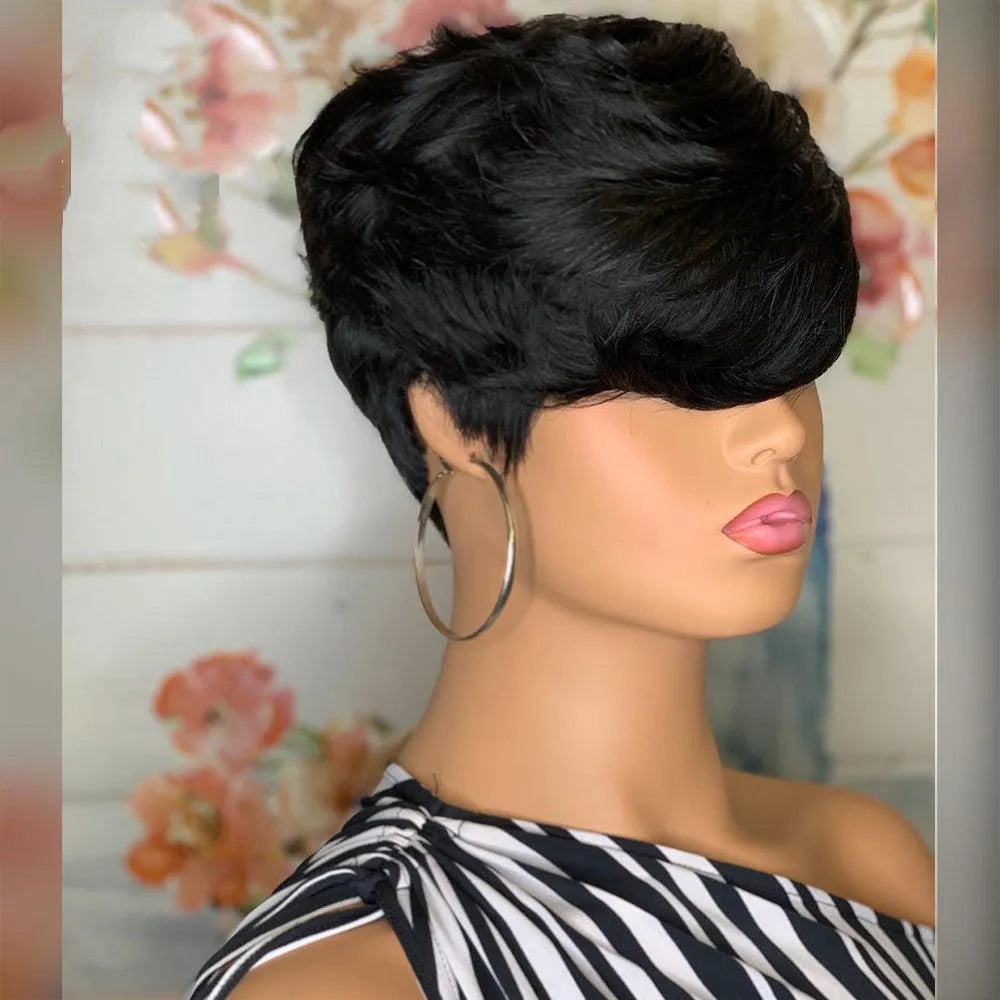 Short black synthetic wig with oblique bangs and fluffy straight finish, heat-resistant fibre, one wig in pack.