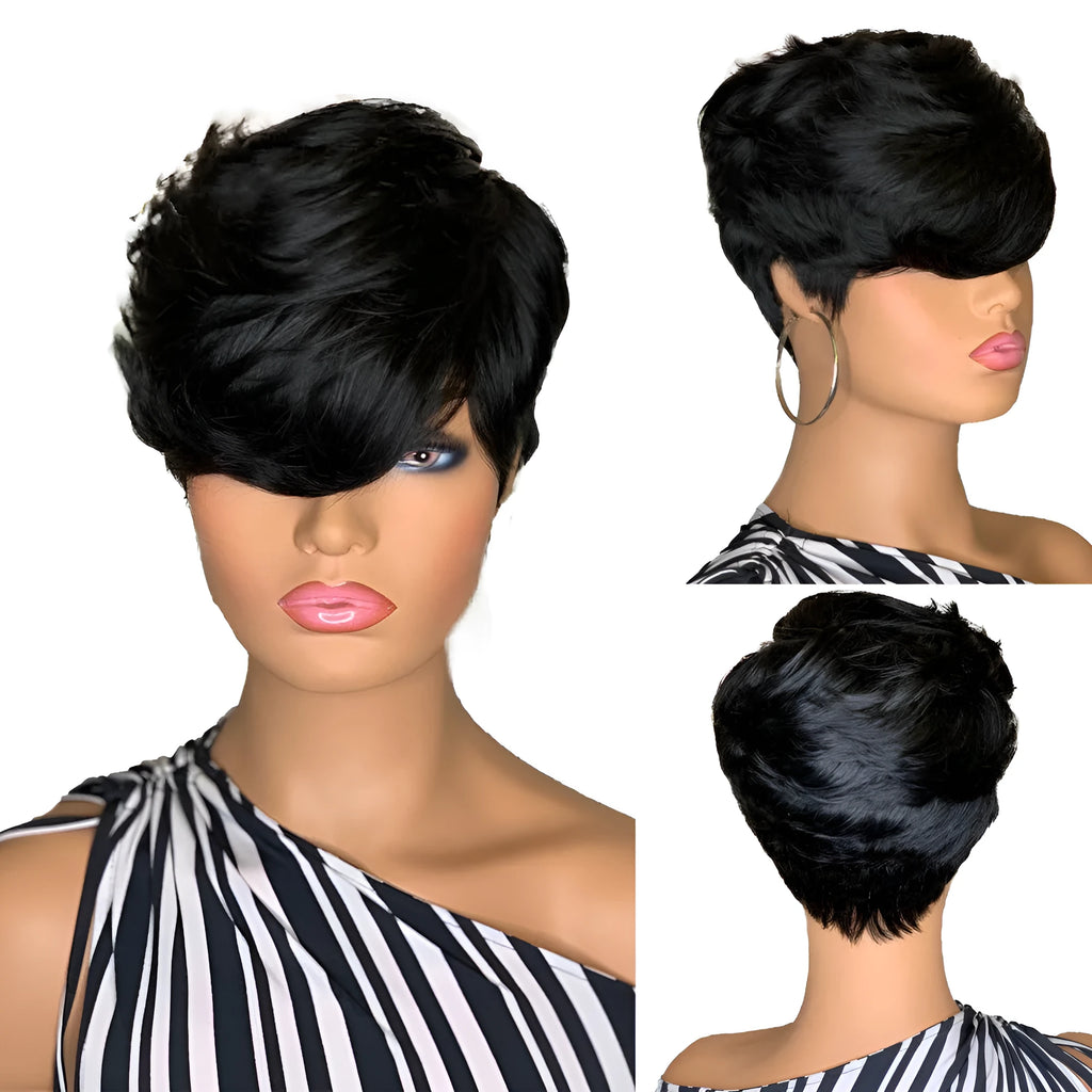 Short black synthetic wig with oblique bangs and fluffy straight finish, heat-resistant fibre, one wig in pack.